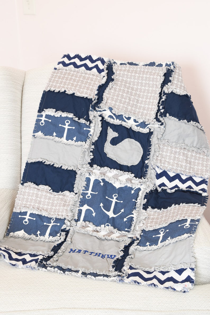 Navy Blue  Gray Nautical Crib Bedding Set for Baby Boy Nursery Featuring Whale Appliques