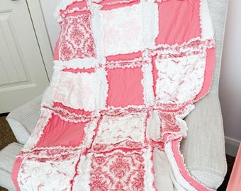 Pink Bows Girl Rag Quilt | French Toile Baby Girl Crib Bedding | Baby Girl Quilt