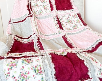 Dark Red and Pink Floral Handmade Rag Quilts for Sale, Baby Girl Quilts, Many Sizes Available Twin Bedding and Baby Blanket for Girls