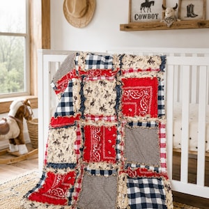 Handmade Cowboy Rag Quilt | Western Baby Boy Crib Bedding, Navy Tan Southwest Baby Boy Blanket | Cowboy Baby Shower | Rodeo Baby Bedding