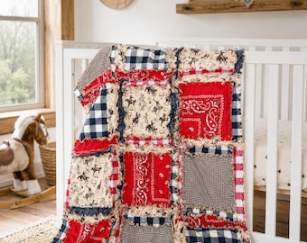 Handmade Cowboy Rag Quilt | Western Baby Boy Crib Bedding, Navy Tan Southwest Blanket