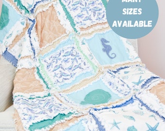 Beach Theme Nursery Ocean Baby Quilt – Nautical Crib Bedding, Seascape Blanket, Seashells Coastal Decor, Blue Beige Emerald | Newborn Gift