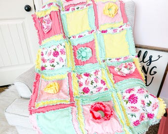 Floral Rag Quilt, Pink Mint Yellow Baby Bedding, Cottage Chic Nursery Blanket, Girl Crib Size Quilt
