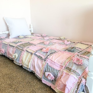 Pink Comforter Rag Quilts for Sale, Toddler Bedding Girl, Tan Floral Twin Bed Spread, Queen Size Quilts for Bedrooms