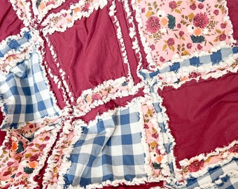 Dark Red and Blue Baby Girl Rag Quilt, Baby Girl Quilts, Homemade Quilts Quilted Bedspread for Girls