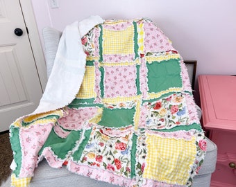 Floral Yellow and Pink Rag Quilt for Sale, Big Handmade Rag Quilts, Baby Girl Quilt to Twin Quilt for Girls