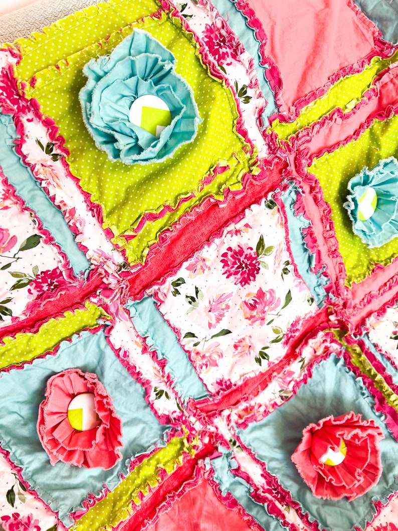 Floral Baby Girl Rag Quilt, Baby Girl Quilts, Pink Crib Bedding, Baby Girl image 10