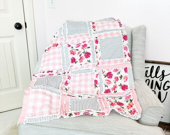 Pink Quilt for Sale Handmade, Baby Girl Quilts, Homemade Pastel Rag Quilt Teen Girl Bedding for Girls