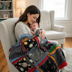 Solar System Baby Rag Quilt | Space Themed Blanket | Planets & Rockets Crib Bedding | Toddler Throw Quilt | Boy Nursery Gift