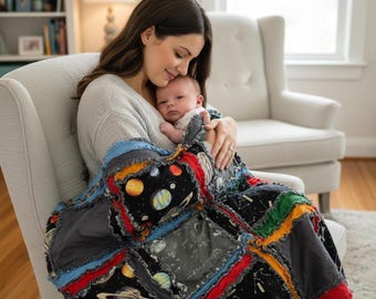 Solar System Baby Rag Quilt | Space Themed Blanket | Planets & Rockets Crib Bedding | Toddler Throw Quilt | Boy Nursery Gift