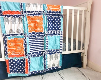 Elephant Rag Quilt, Baby Boy Blanket, Navy Blue Nursery, Orange / Turquoise / Gray / Navy Blue
