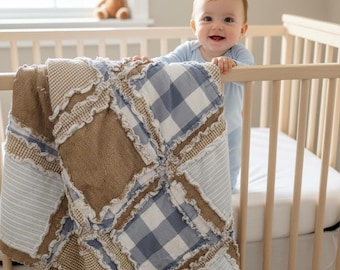 Country Plaid Crib Size Rag Quilt for Sale | Cozy Baby Gift | Boy, Girl, Gender Neutral Blanket | Custom Baby Bedding in Tan, Pastel Blue
