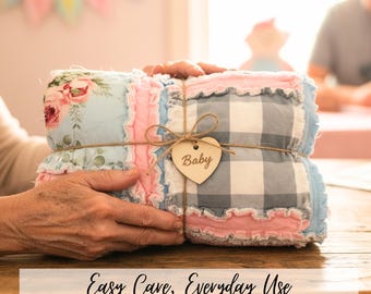 Pastel Pink Blue Rag Quilt | Soft Flannel Floral Baby Blanket | Cottagecore Nursery Bedding, Baby Girl Quilt | Crib Size Quilt
