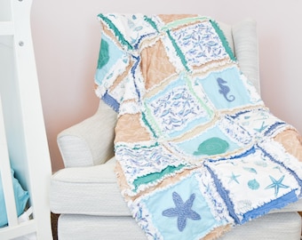 Baby Boy Quilt Nautical Crib Blanket Ocean Theme Newborn Gift Baby Shower Present Handmade Beach Quilt Blue Whale Bedding for Nursery