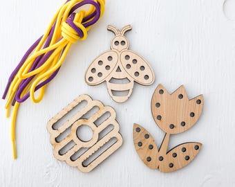 Kid Wood Beehive Lacing Board | Nature Bee Flower Sewing Game, Hand-Eye Coordination Travel Toy, Quiet Time Toy