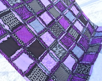 Purple and Black Full Size Comforter, Big Handmade Rag Quilts, Blankets and Bed Covers for Girls