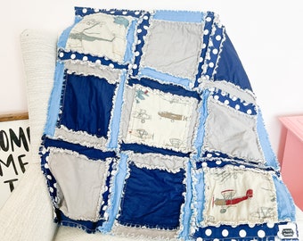 Airplane Rag Quilt Baby Blanket to Twin Size Quilts, Baby Boy Quilts, Handmade Quilts for Sale for Boys