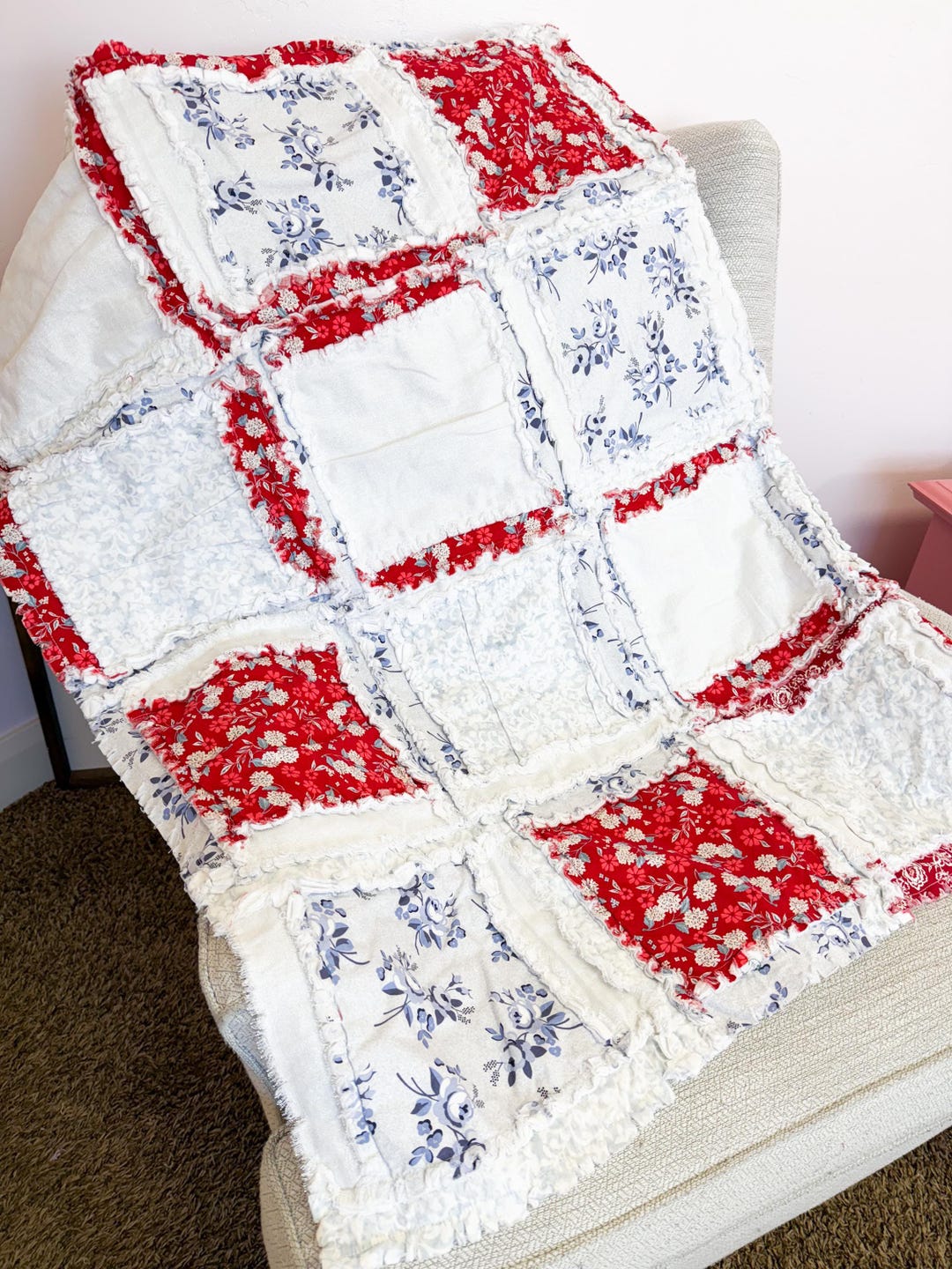 Patriotic Floral Rag Quilt | Red White Blue Patchwork Throw Blanket - Etsy