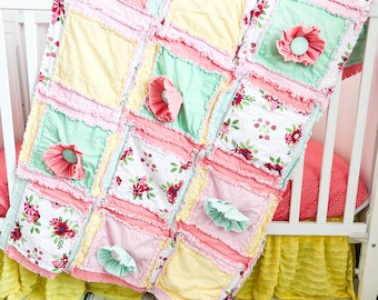 Flower Pink Crib Bedding Set with Girl Baby Blanket, Baby Girl Rag Quilt, Homemade Quilts Baby Nursery Decor, Baby Girl
