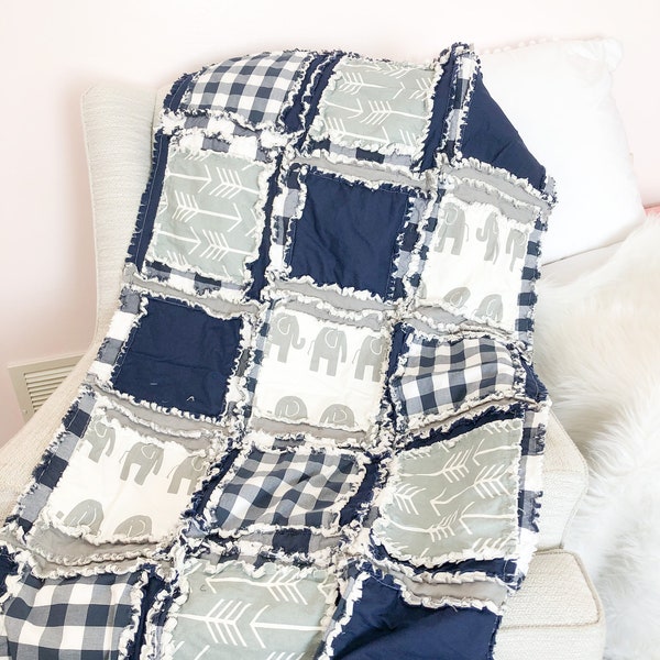 Elephant Rag Quilt Boy Crib Bedding Set, Baby Boy Quilts, Kids Bedding and Baby Rag Quilt for Boys