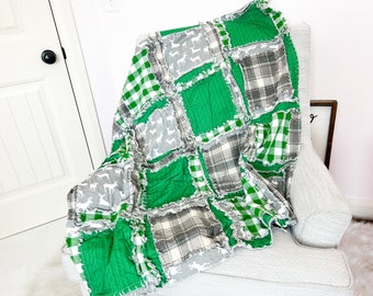 Deer Baby Rag Quilt Crib to Twin Size Bedding, Baby Boy Quilts, Green and Gray Flannel Baby Quilt for Boys