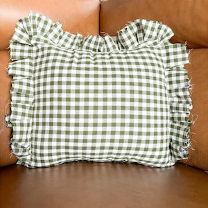 Dark Green Frayed Ruffle Pillow | Small Check Buffalo Plaid Sham for Bed, Nursery, Living Room Sofa Couch | Earthy Color Pillow Many Colors