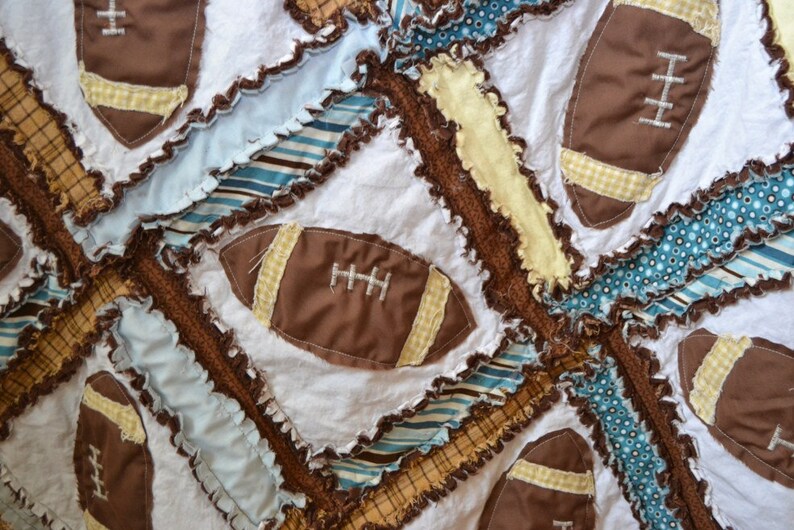 Blue Brown Football Sport Rag Quilt for Baby Boy Nursery Bedding