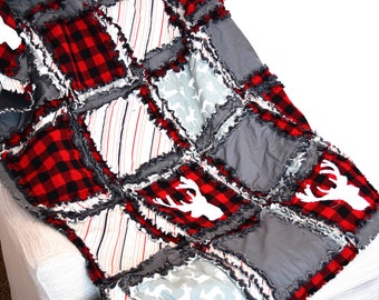 Red Plaid Woodland Baby Boy Rag Quilt, Baby Boy Quilts, Deer Twin Quilt and Toddler Bedding for Boys