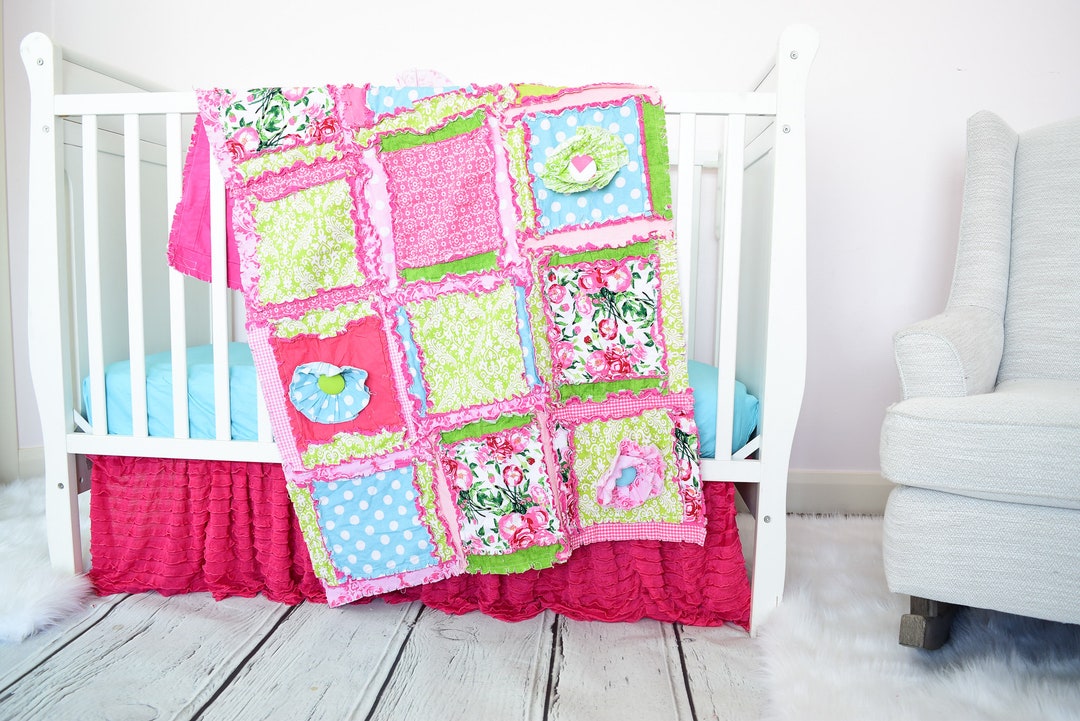 Floral Baby Rag Quilt Baby Pink Crib Bedding Green Turquoise Etsy