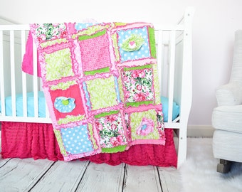 Floral Baby Pink Crib Bedding, Baby Girl Rag Quilt, Green Turquoise Hot Pink, Baby Girl