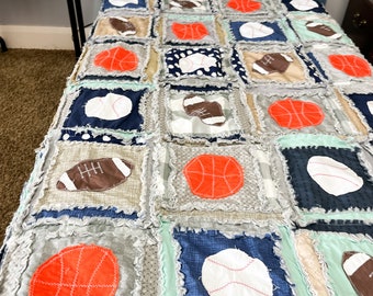 Sports Sports Bedding, Twin Size Quilt, Sports Theme Room Rag Quilt, Handmade Quilt for Sale