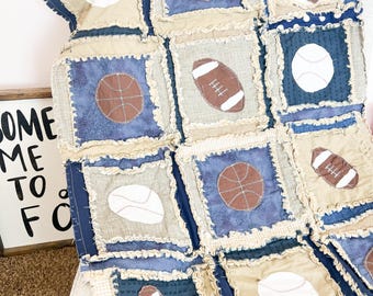 Boy Sports Rag Quilt | Navy Blue Tan Cream Nursery Decorations | Newborn Boy Gifts