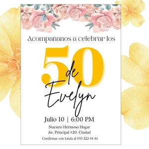 Convite de cumpleaños 50. Convite editável com Canva