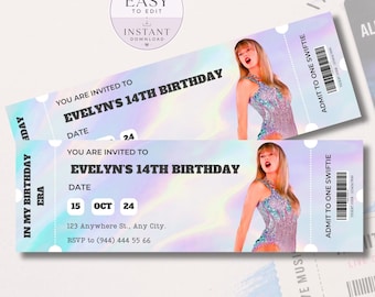 Birthday Invitation Ticket Editable Canva Swiftie Party Invite Eras Tour Birthday Instant Download