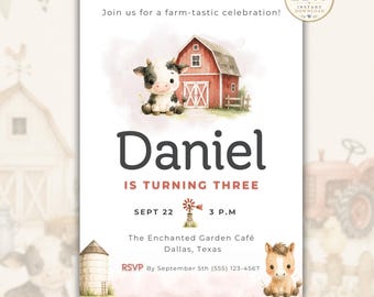 Farm Birthday Invitation Template, Farm Animals Party Invite, Editable Cow Birthday  Barnyard Birthday Party, Boy Girl Farm Theme