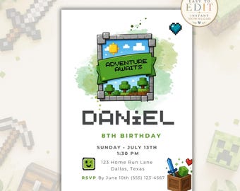 Gamer Birthday Invitation Editable, Pixel Birthday Party Invite Template, Video Game Birthday Canva Invite for Boys