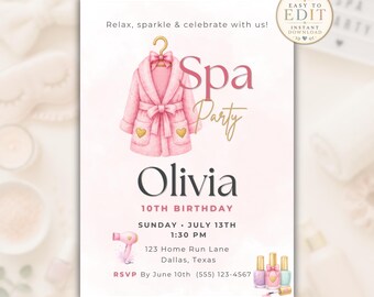 Spa Party Birthday Invitation, Girls Spa Birthday Invite, Editable Sleepover Party Template, Printable Pamper Birthday Card