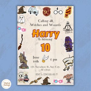 Wizard Birthday Invitation. Editable Template, Instant Download, Printable. Editable with Canva.
