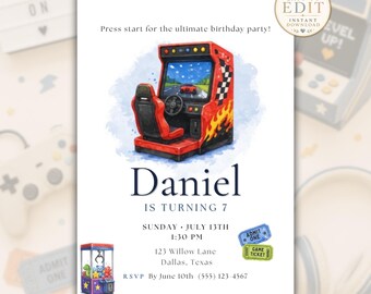 Arcade Birthday Invitation, Video Game Party Invite, Editable Gaming Birthday Template, Printable Arcade Racing Birthday Card