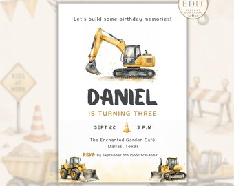 Construction Birthday Invitation, Excavator Party Invite, Editable Construction Truck Birthday Template, Boy Builder Birthday Invitation