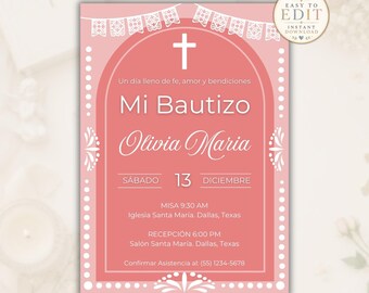 Invitación Bautizo Cielito Lindo Rosa Editable, Invitación Bautizo Mexicano para Niña, Plantilla Canva Bautizo Español