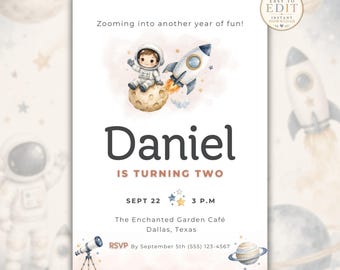 Astronaut Birthday Invitation Template, Space Birthday Party Invite, Editable Rocket Birthday Invitation, Outer Space Boy Birthday