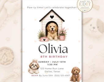 Dog Birthday Invitation, Puppy Birthday Party Invite, Editable Girls Puppy Theme Template, Printable Dog Lover Birthday Card