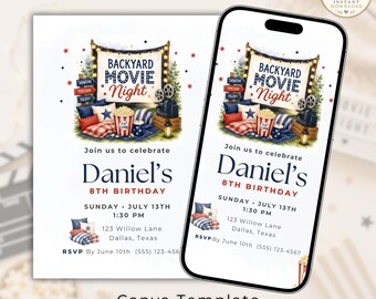 Backyard Movie Night Birthday Invitation, Boy Sleepover Party Invite, Editable Outdoor Cinema Template, Printable Movie Birthday Card