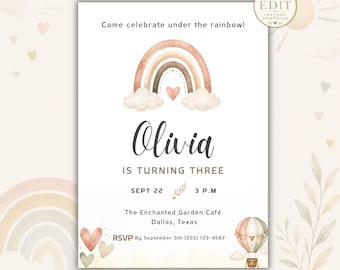 Boho Rainbow Birthday Invitation, Neutral Rainbow Party Invite, Editable Boho Birthday Template, Pastel Girl Birthday Invitation
