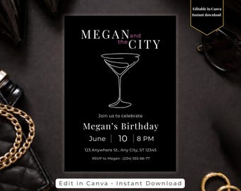 Sex and the City Birthday Invitation, SATC Invite, Girls Night Party Invitation, Pink Black Chic, Cosmopolitan Party Canva Editable Template