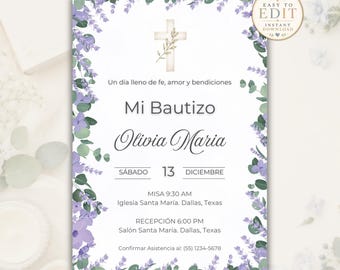 Invitación Bautizo Lavanda Editable, Plantilla Canva Floral Elegante, Tarjeta Digital Católica para Niña en Español