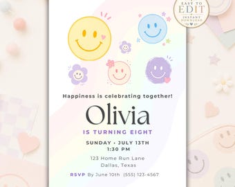 Happy Face Birthday Invitation, Smiley Face Party Invite, Editable Girls Birthday Template, Pastel Rainbow Birthday Printable