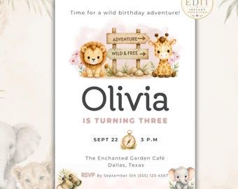 Safari Girl Birthday Invitation, Wild One Party Invite, Pink Safari Birthday Template, Editable Jungle Animals Invitation