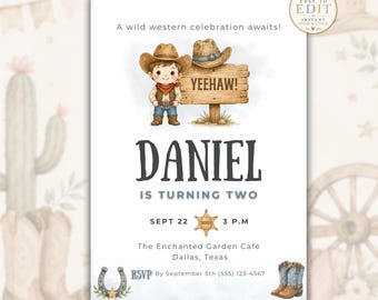Cowboy Birthday Invitation Template, Wild West Birthday Party Invite, Editable Western Birthday Invitation, Yeehaw Cowboy Party